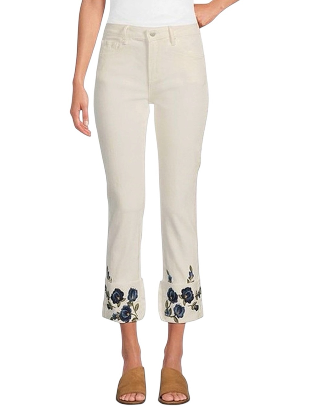 Driftwood Colette blue floral embroidered cropped white jeans size 30